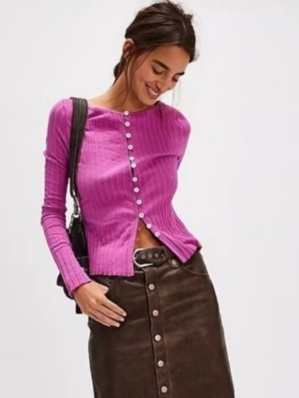 Free People Fuchsia Ribbed Button-Down Top NWT